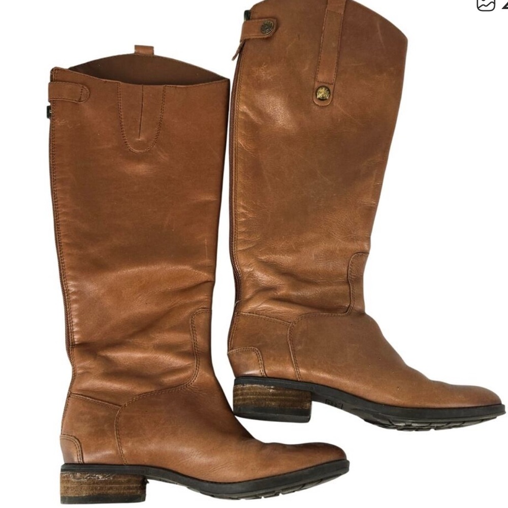 Sam Edelmen Penny Wide Calf Leather Riding Boot Whiskey Leather Brown Distressed